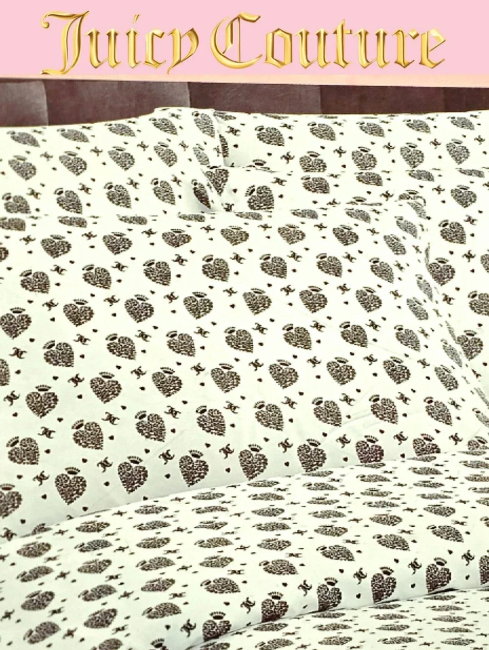 Juicy Couture Home JC Logo Heart Crown Queen Bed Sheet Set